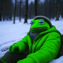 pepe the frog in the chilling on the winter camping in cold Siberian forest