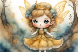 closeup, double exposure, merged layers, golden patina, corrosion, topographic lines, needle felt mohair cute chibi fairy princess, fairy village, watercolor and charcoal S<AI in sunshine