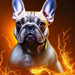 a detailed illustration of a french bulldog, phoenix bird wallpaper, luminescent body, full body, symmetrical body, realistic, glowing muscles, sharp focus, meticulously detailed, soft evening sky, 64k