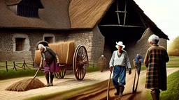 young and old people working in the field near medieval barns