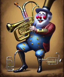 mechanoid old friendly fat clown with beard playing jazz with a steampunk theme, trumpet, realistic