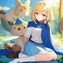 Clear focus, High resolution, Rough line, cute, cartoon style, blonde short hair, golden eyes, long locks, spiky hair, wearing a white sleevless shirt, wearing a blue cloak, wearing a light blue skirt, wearing white long socks and brown shoes, smiling, 1girl, sitting