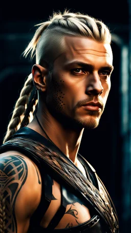 photorealistic hyperdetailed portait of 28-year-old german male, as mercenary with long blonde braided and undercut hair, tribal tattoos and neatly trimmed beard, modern dark fantasy