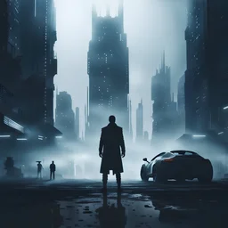 Ground level dark futuristic city scape. mist near the ground. silhouette of one man. he is standing next to a car