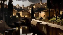 A dark Italian like city near a black forest painted John Singer Sargent