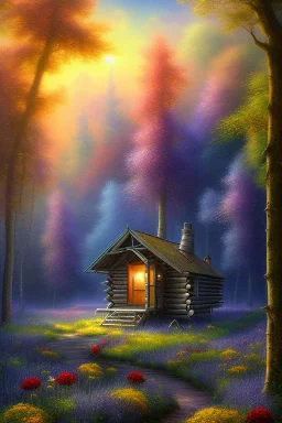  romanticism, mystical forest, wooden cabin, Neo-Impressionism, mystical, purple blue yellow silver teal black olive azure, red, pink, brown, flowers,