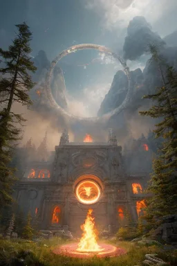 A Epic circular biomechanical fire ring portal, in middle of surreal hills, surrounded with beautiful cloud mist, art by Jordan Grimmer, high level of details