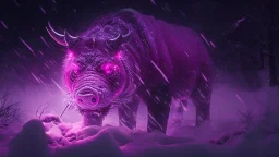 Gorgeous angry purple sabre tooth pig pole with glowing red eyes in a snow storm at night