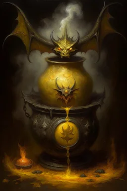 Living cauldron with yellow sigil, slightly demonic seal bat in it, prize winning oil painting