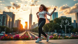 beautiful lady with makeup in pants and pretty shirt curvy long hair sport shoes dancing in a open stage in a modern city cnter ,flowers and trees ,pretty clouds,sunset golden hour