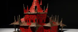 A dark red volcanic iron castle with spikes designed in Chinese paper art painted by Piet Mondrian