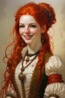Traditional oil painting. It's the portrait of a young steampunk woman. She has braided red hair. She is a magician. She is softly smiling. She is wearing a leather and lace white corset dress, with light background.