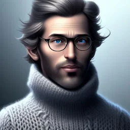 a picture of a slim and well-proportioned nerdy man who is sneaky and shabby with a stable and dry hairstyle wearing a woolen sweater rolling a twenty sided dice