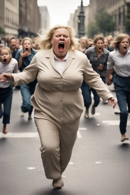 an obese terrified blonde woman crying and sobbing in a pant suit desperately running away from an angry mob of thousands of kids chase her down a city street while holding books