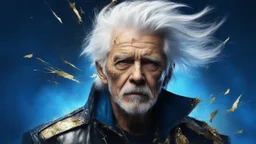 Old Punk 60 years old, portrait, white hair, blue background, gold and silver fragments and particles, glow, glare, old torn cracked canvas, mystical, fine rendering, high detail, sharp focus, 8K