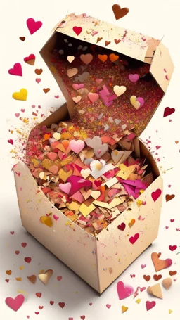 Open box stuffed with love letters, hearts, heart confetti, love explosion, art, drawing, very realistic, detailed, vibrant colors.