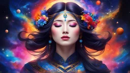 a beautiful girl, closed eyes, portrait, style-paintmagic, (((splash of paint))), (((colorful))), ((floating colorful paint)), goddess of death, Japanese mythology, (featuring mythical creatures), solar system, milky way, dream, fantasy, (abstract background:1.3), masterpiece, ultra realistic, 32k, extremely detailed CG unity 8k wallpaper, best quality, masterpiece, best quality, ultra high res, extremely detailed, (psychedelic art:1.4), woman, veil, visually stunning, beautiful