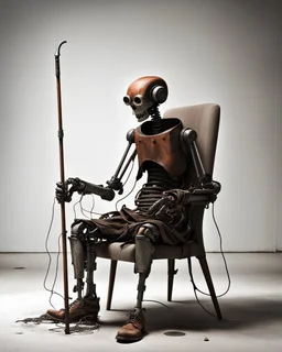 contradiction skipping a presumed egoist overload over subsystem, weak absurd vibe, a # 72, Matt Jones, swoosh dynamics, unexpected improbability, tired old rusty scrappy robot sitting in a shabby chair with a walking cane, amazing reflections