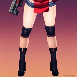 female soldier wearing miniskirt, wearing thighhighs, bare thighs, pretty face, red lips, pigtails hairstyle, full body shot, zoomed out, looking at camera, trending on artstation