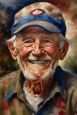 an expressive painting of old man wearing a baseball hat smiling painting, we might see a companion with features of absolute strength and determination, blended with warmth and deep faith. Perhaps his face expresses wisdom and courage, with eyes radiating confidence and faith.in American flag in the background