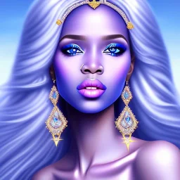 portrait of a beautiful somalian woman with an angel face smiling,long blond hair, blue eyes, pink and blue dress, jewels, soft light aura