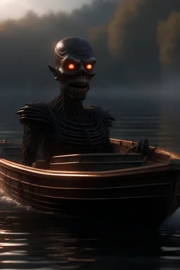 forbidden obsidian boat, charon robot that stares at us like we are the prettiest demon it has ever seen, its such a perfect day, motion blur, smoke, 8k, downlight, soft light, depth of field, photorealism, trending on art station, lotsa detail