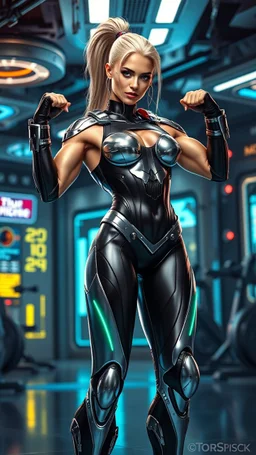 Futuristic female bodybuilder in a sleek black and silver jumpsuit, with a chrome exoskeleton and glowing neon accents, posing powerfully in a high-tech gym filled with holographic displays and advanced equipment, her defined muscles shining under cool sterile lights, in a cyberpunk style inspired by H.R. Giger, Syd Mead, and Ash Thorp.