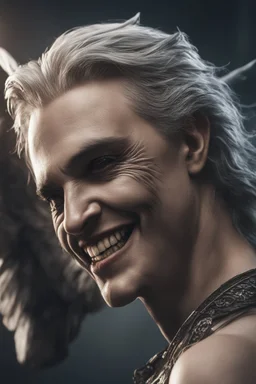 a very close up side profile image of an evil angel, smiling,8k quality, supper realistic