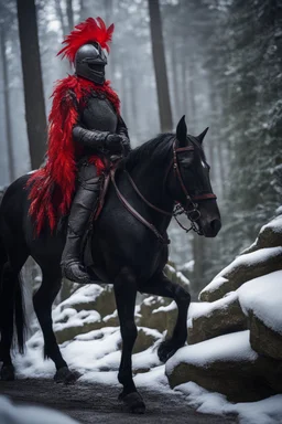 portrait of black knight on horse with red feather on stone bridge in mountain pass in snowy forest,shot on Hasselblad h6d-400c, zeiss prime lens, bokeh like f/0.8, tilt-shift lens 8k, high detail, smooth render, down-light, unreal engine, prize winning