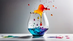 Multicoloured ink drops diffusing gently into a glass vessel full of water