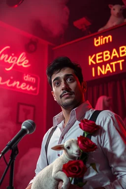 An spanish Guy with big eyes "Enrique" performing at dance club, his name is "Enrique" Red roses On stage, red Neon lights and smog, and "Din KEBAB I NATT" big sign on the wall, serenade under balcony,a female lamb on the balcony