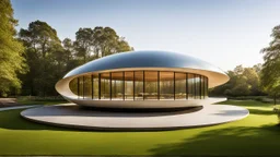 A large, elliptical-shaped pavilion set in the middle of a tranquil park. The building's sleek, continuous curve hugs the earth, with an elliptical glass roof that reflects the sky and surrounding nature. The smooth lines of the structure create a calming flow, and its minimalistic design emphasizes organic shapes inspired by natural curves. Award-winning photograph.