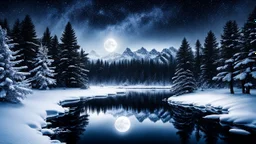 A mystical winter night scene; dark pine trees surround a snow-covered lake, reflecting the moonlight. Snowflakes twirl through the air, enchanting the serene winter forest.