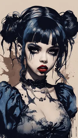 Poster in two gradually, a one side malevolent goth vampire girl face and other side the Singer Melanie Martinez face, full body, painting by Yoji Shinkawa, darkblue and sepia tones,