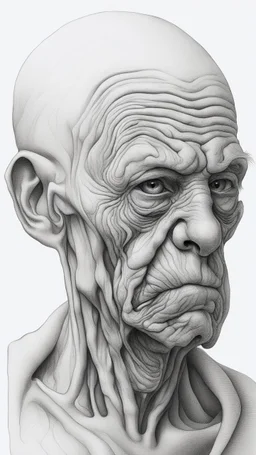 𝙋𝙧𝙤𝙢𝙥𝙩 highly detailed graphite illustration, A surreal elderly figure with exaggerated anatomical features, heavily wrinkled skin, and an intense, contemplative expression. bald head, thick eyebrows, long beard merge into swirling abstract shapes. Large, expressive hands, one covering the mouth and the other gripping the forehead tensely. Mysterious, introspective, dreamlike, somewhat dark fantasy. #𝙙𝙧𝙚art #prompt