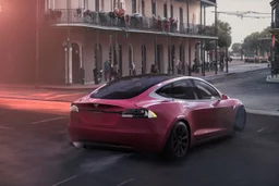 A Tesla 'Model S' is drifting at high speeds, on the streets of New Orleans. (CINEMATIC, WIDE ANGLE LENS, PHOTO REAL)