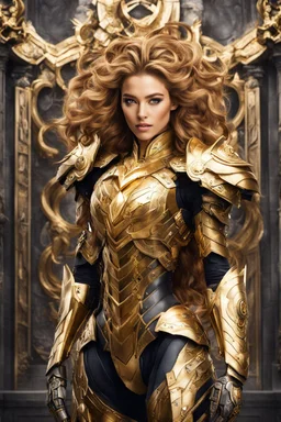 Halfbody Excited pose style Facing front Gorgeous Photography Beautiful Queen Medusa hair snake Cyborg dressing Armor Mecha Golden and jewelry,luxury wall background