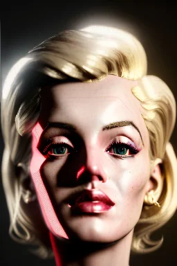 Ultra Realistic image, portrait, blonde woman, sweet Marylin Monroe face, perfect iris, glow eyes, gold makeup. Cyberpunk style, latex coat, fog, rain, soft color, highly detailed, unreal engine 5, ray tracing, RTX, lumen lighting, ultra detail, volumetric lighting, 3d, finely drawn, high definition, high resolution.