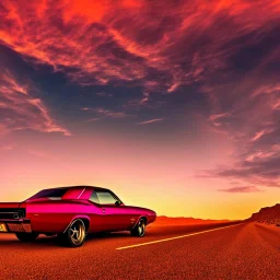 muscle car, desert road, sunset, full colour,