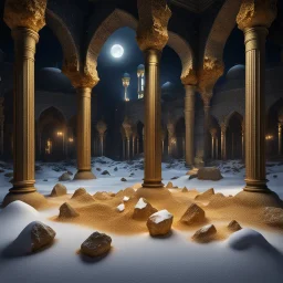 Hyper Realistic Big golden Crystallised rocks on snow Inside a Dark Abandoned Mosque with beautifully crafted pillars at dark night