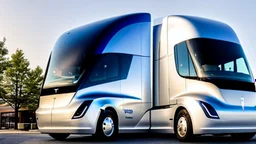 A Tesla semi-truck is parked, inside the 'Everland Resort', in South Korea. CINEMATIC. WIDE ANGLE LENS.