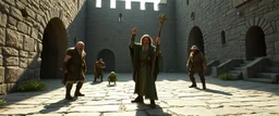 integrated_multimodal_description: [Shot 6] An eight-second cinematic fantasy scene in an ancient stone courtyard of a Forgotten Realms castle, late afternoon. Begin with a low wide establishing shot moving slowly forward toward a young wizard in a weathered green cloak and his adventuring companions, a rugged barbarian and cautious ranger. Two goblins approach in the background. The camera gently arcs around the wizard as he raises his staff and confidently begins a summoning spell. Cut to a ti