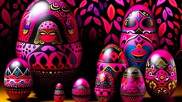 A dark magenta Easter themed valley with eggs and bunnies designed in Matryoshka dolls painted by Victor Vasarely