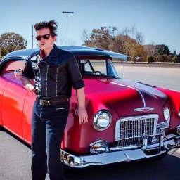 a 50s Greaser ROCK BAND standing in front of a hot rod