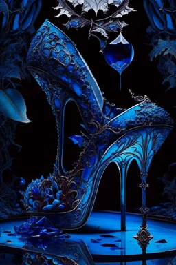 dark fantasy, intricate cover, a whimsical fairytale, high-heeled shoe made of blue glass with a pool of blood underneath