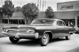 Schwarzweißfoto Chrysler-Vorstandsmitglied Bob Rodger preist den 1960er Chrysler 300F an