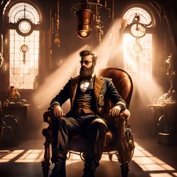 "In the center of the image, an men with beard is seated on a comfortable chair wearing Steampunk attire. The room is cast in a gentle shadow, with sunlight streaming in from the side, creating a warm and inviting atmosphere."