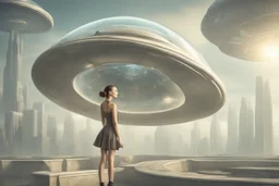 beautiful woman inside flying saucer with clear dome top over future alien city