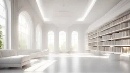 New white library interior with sunlight. Decor and desing concept. 3D Rendering