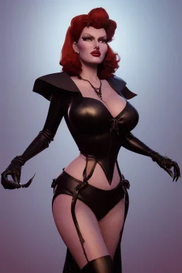 Rita Hayworth as evil queen in black leather, busty, cleavage, curvy, angry, stern look. character design by cory loftis, fenghua zhong, ryohei hase, ismail inceoglu and ruan jia. unreal engine 5, artistic lighting, highly detailed, photorealistic, fantasy